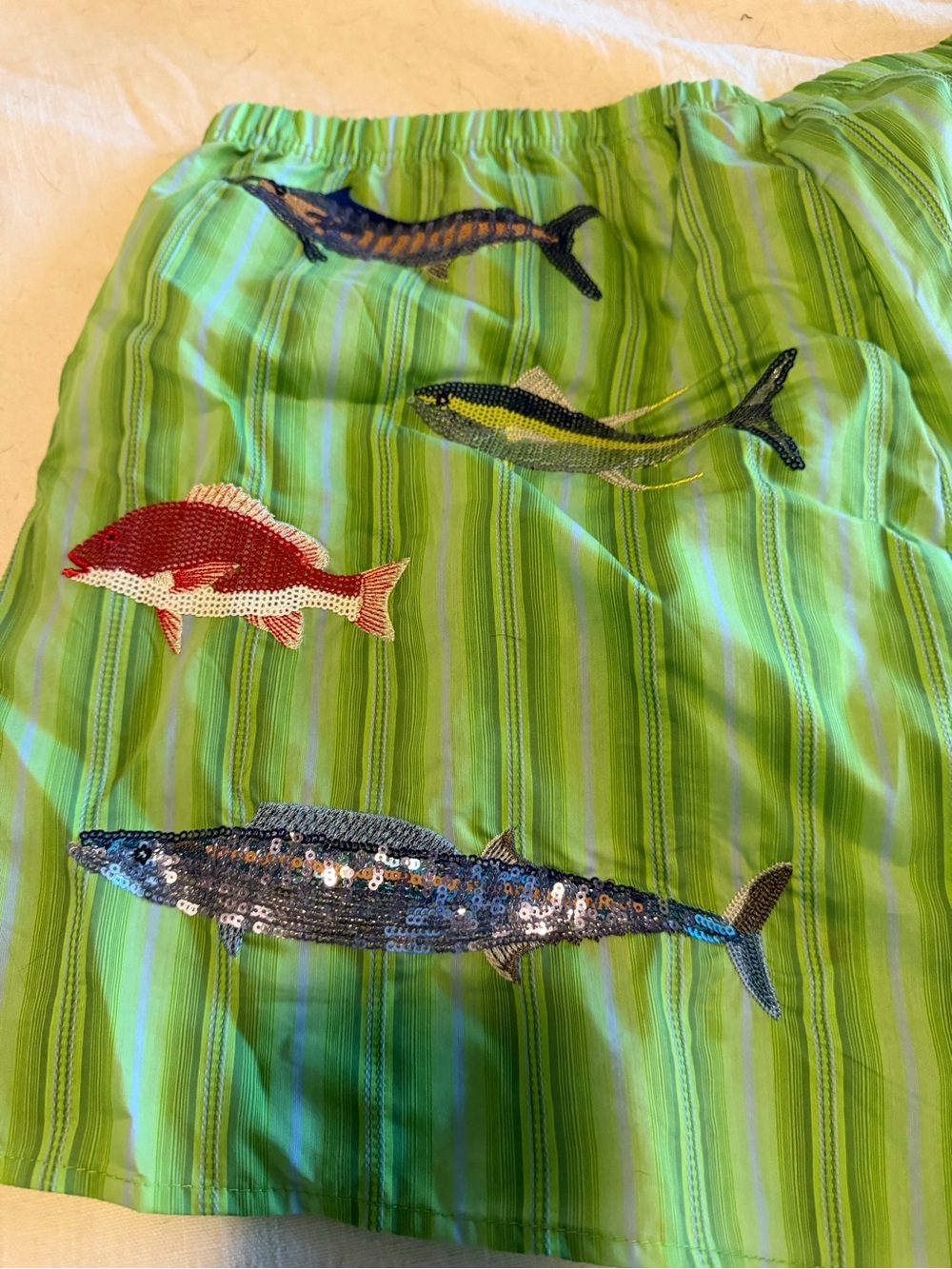 QUEEN OF SPARKLES Green Striped Sequin Fish Embellished Shorts - Picture 3 of 4